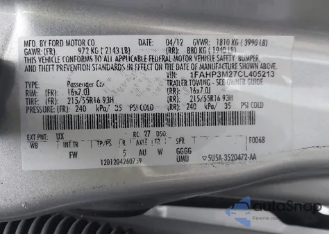 2012 Ford Focus Sel z USA, uszkodzony, nr VIN 1FAHP3M27CL405213